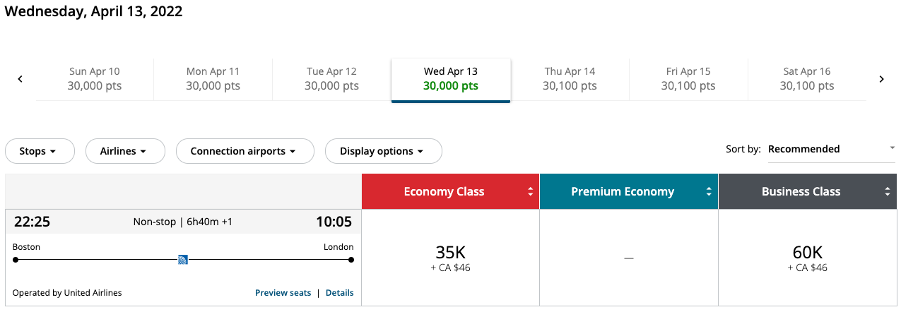 Air Canada search showing United BOS to LHR award space