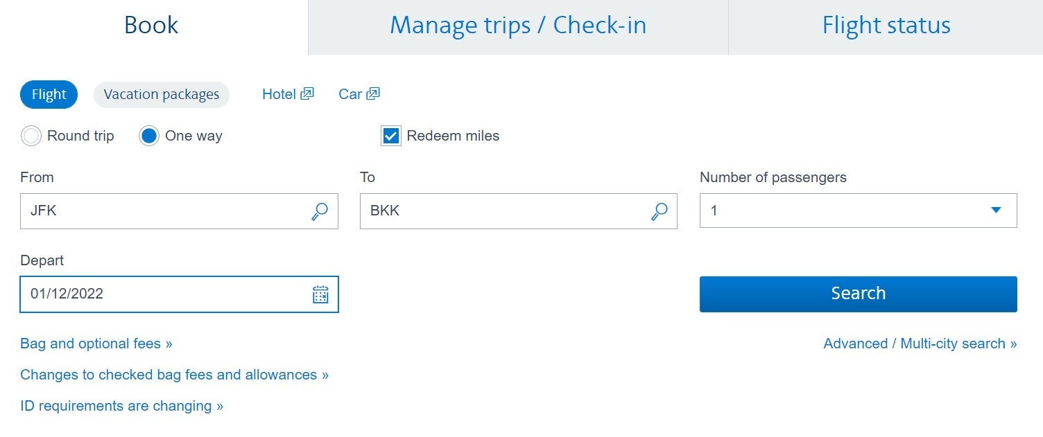 Screenshot of American Airlines booking page to redeem points