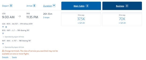 American Airlines Screenshot JFK to BKK