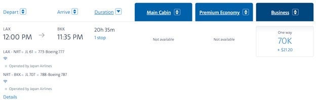 American Airlines screenshot from Los Angeles to Thailand