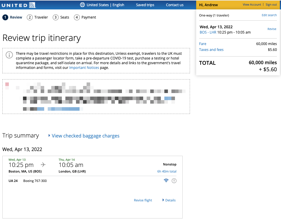 Correct United pricing for BOS to LHR
