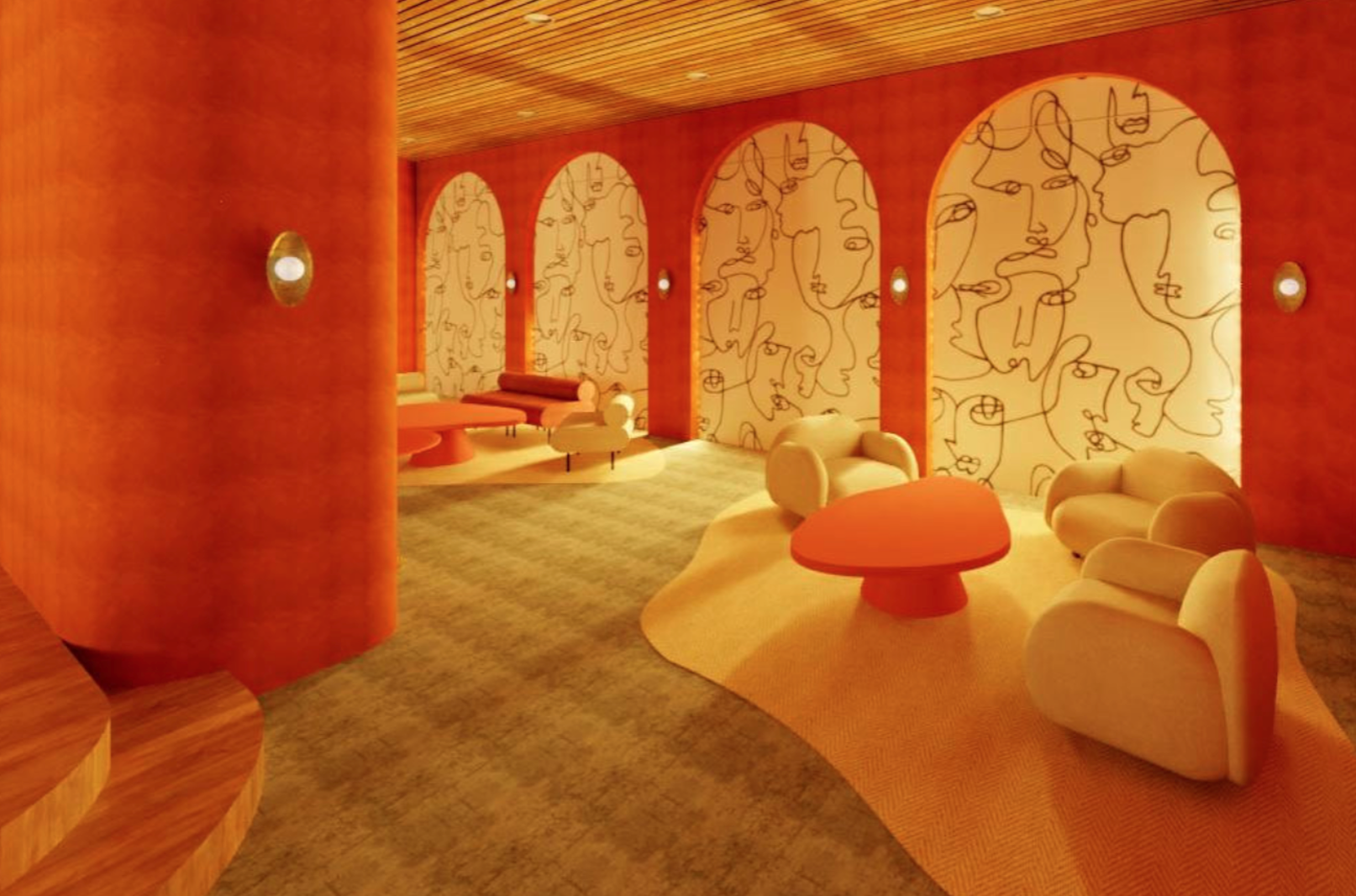orange and yellow room with faces drawn on wall, mid-century modern chairs and large columns