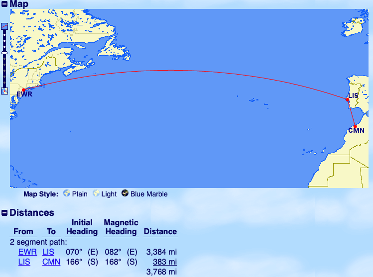 Newark to Casablanca via Lisbon flight routing map and total distance breakdown