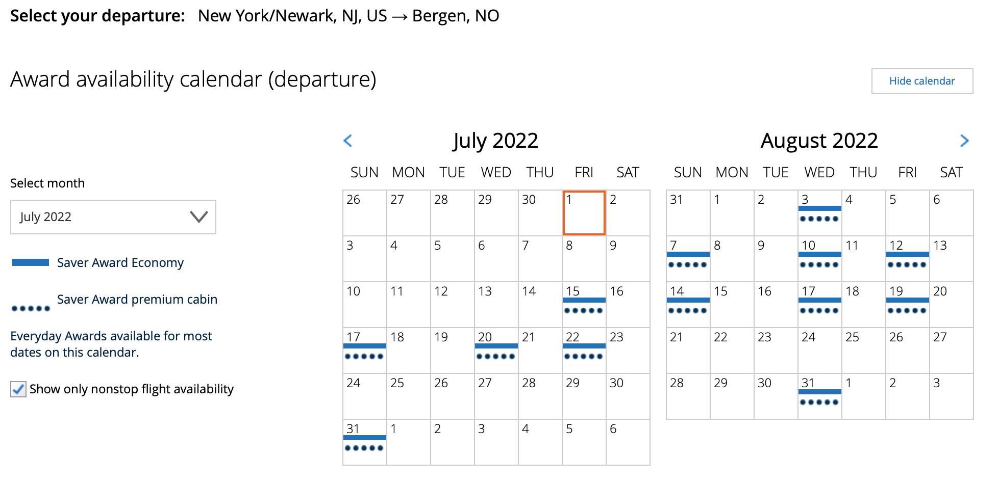 EWR to BGO Award Space July and August 2022