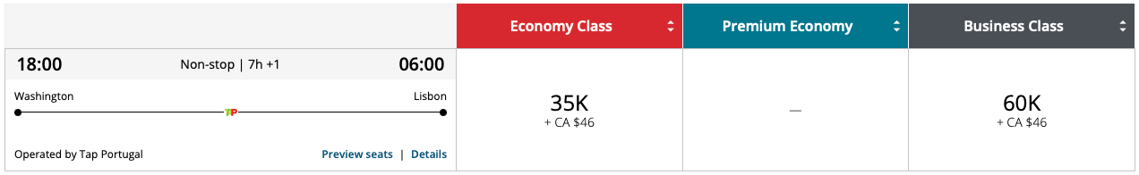 Newark to Lisbon Aeroplan award search results