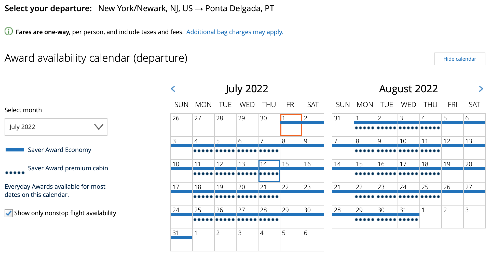 EWR to PDL Award Space in July and August 2022