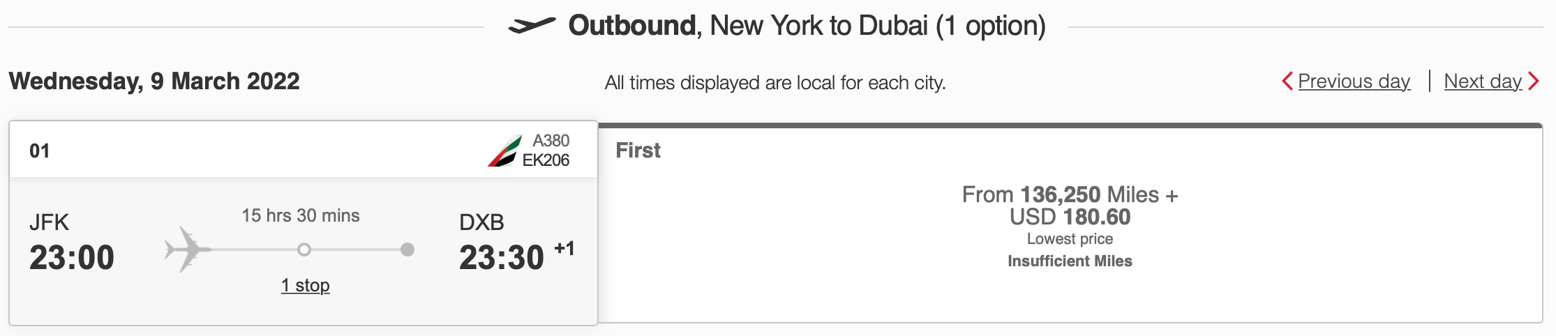 Emirates first class award JFK to DXB