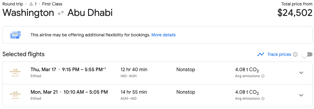 Etihad first class flight from Dulles to Abu Dhabi in Google Flights