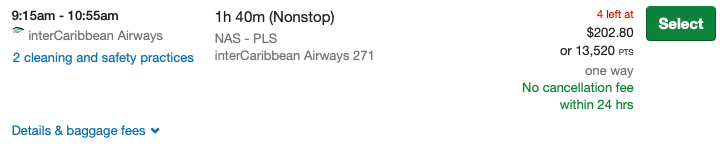 Flight from Nassau to Providenciales in the Chase Travel Portal