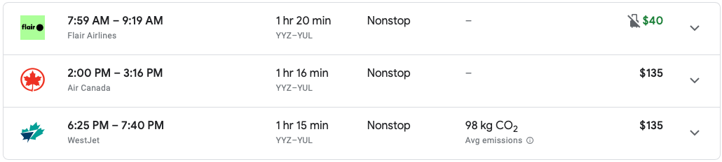 Google Flights Prices for Toronto to Montreal on Dec 15 2021