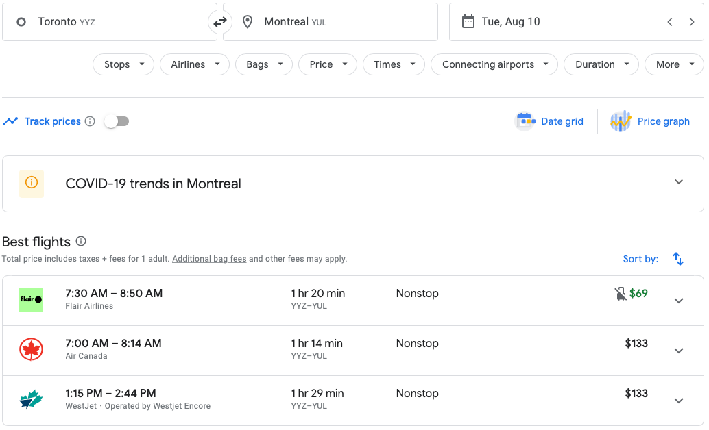 Google Flights Toronto to Montreal Prices for Aug 10 2021