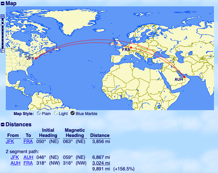 JFK AUH FRA vs direct flight map