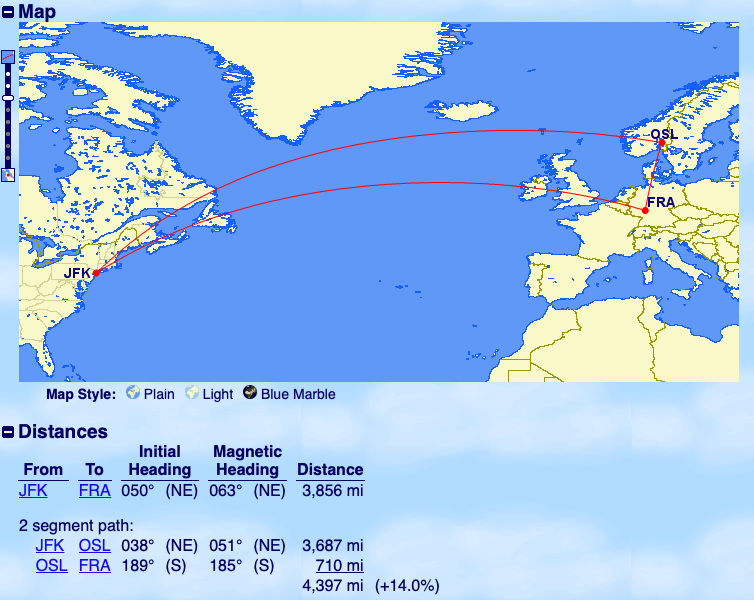 JFK OSL FRA vs direct flight map