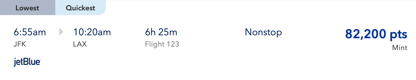 JFK to LAX JetBlue Mint award price