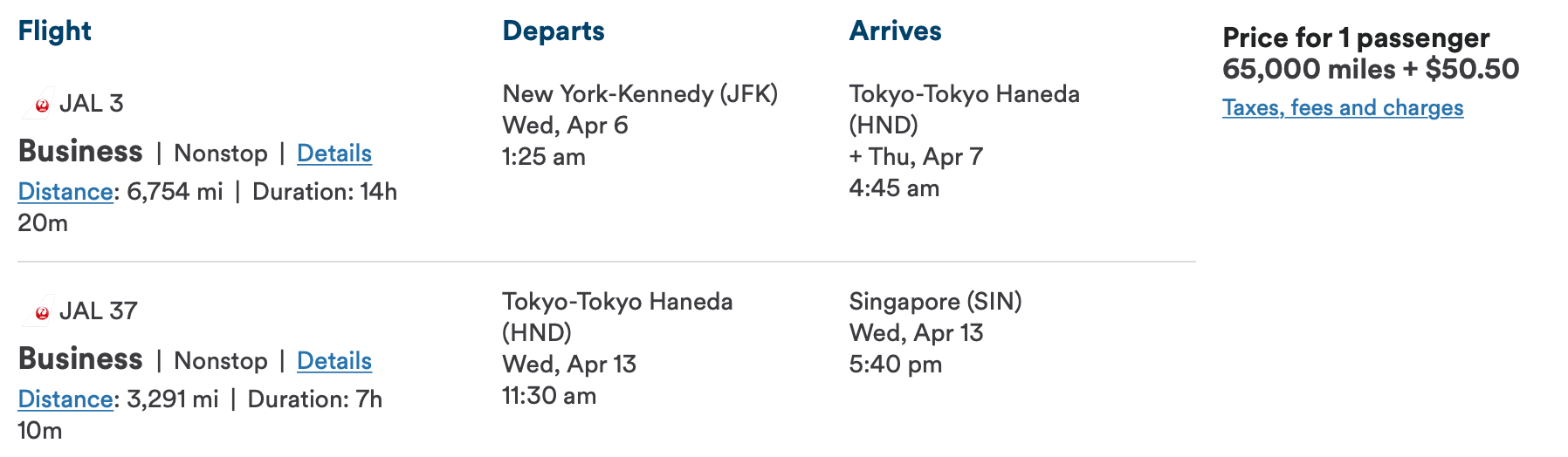 Japan Airlines award on Alaska Airlines website