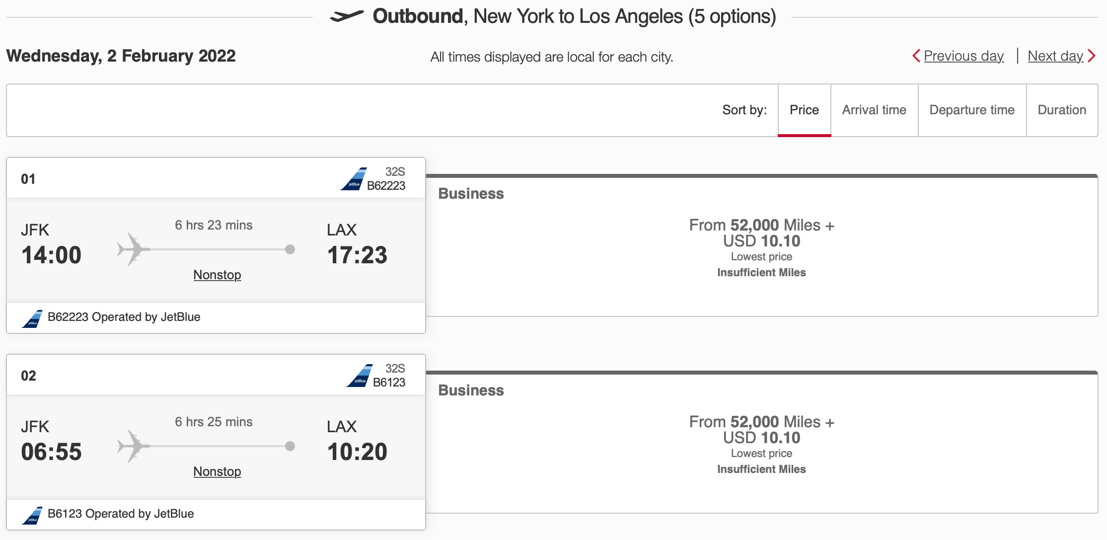 JetBlue Mint award flights on the Emirates website