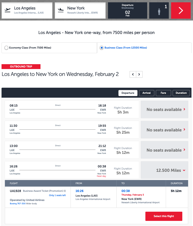 LAX to EWR United award ticket on Turkish Airlines' website