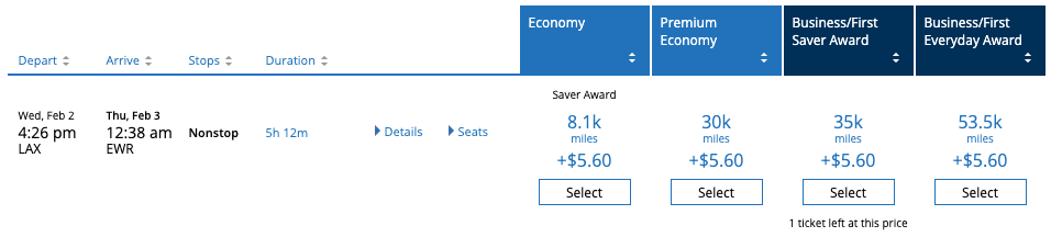 LAX to EWR Untied award ticket