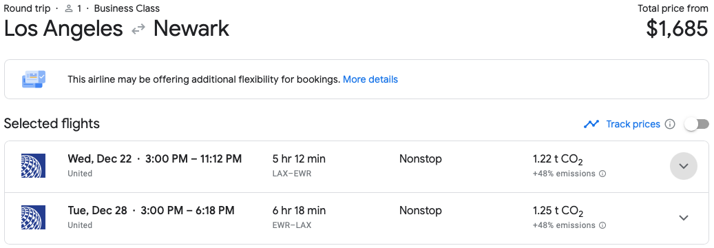 LAX to EWR round-trip business class ticket on Google Flights