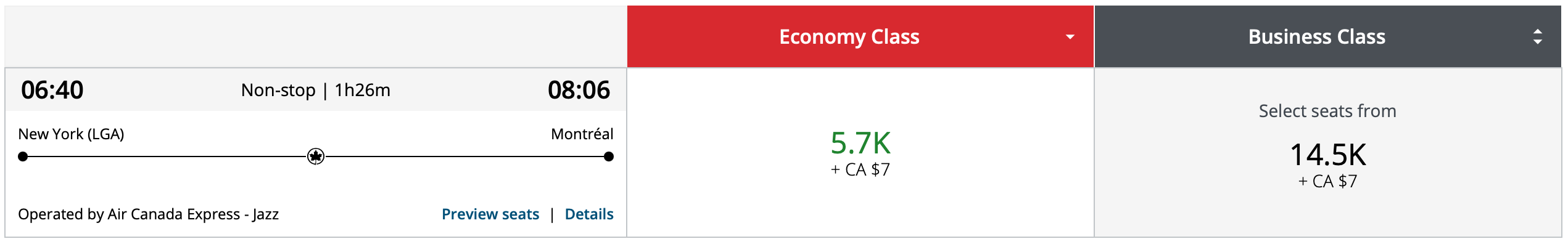 LGA to YUL Aeroplan award