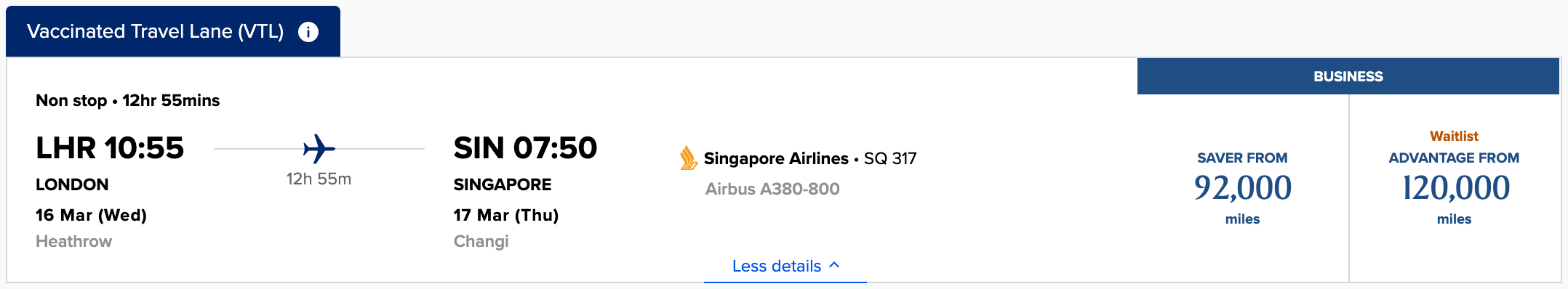 LHR to SIN Singapore award flight