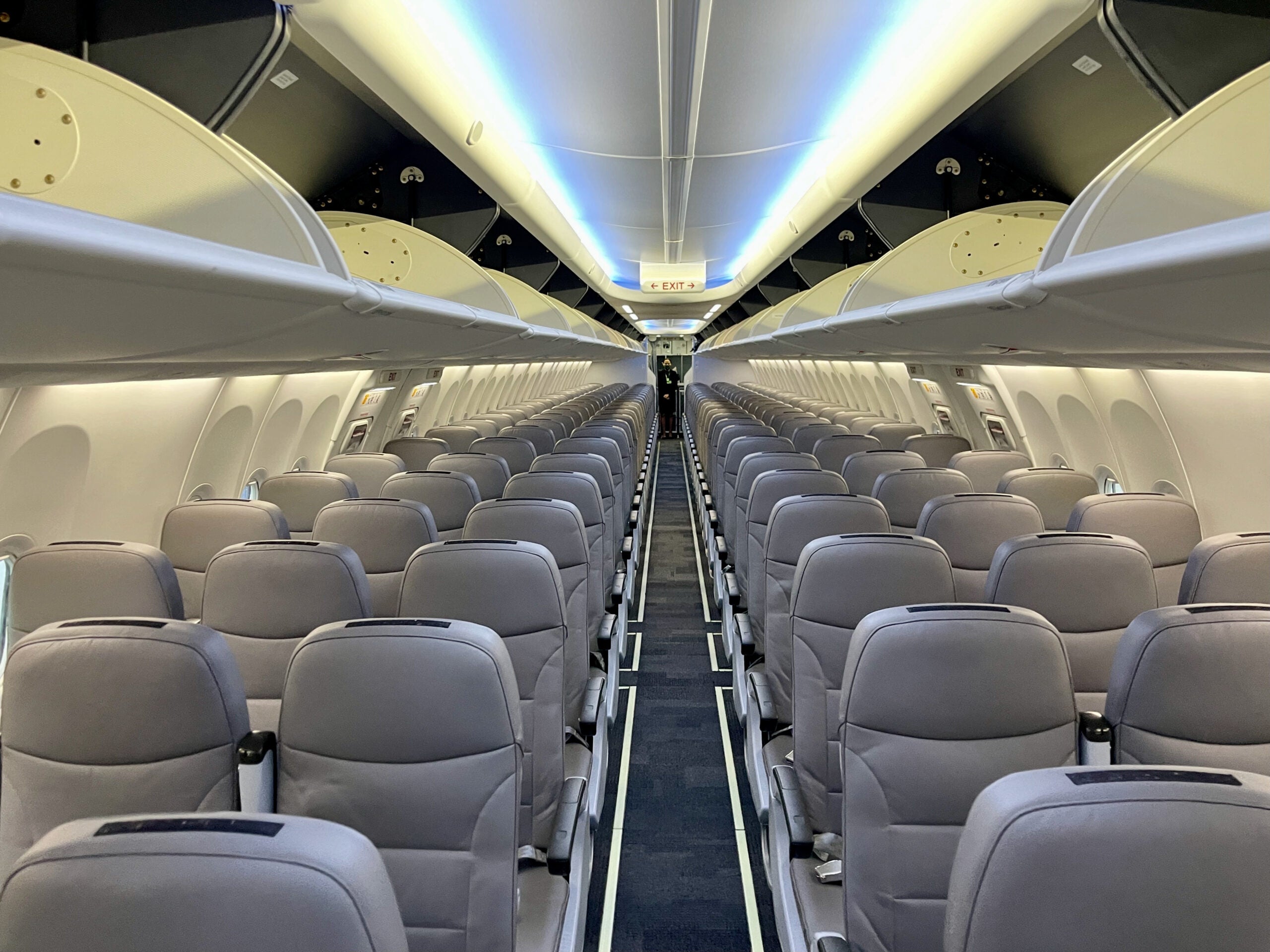 Looking down Flair Airlines cabin