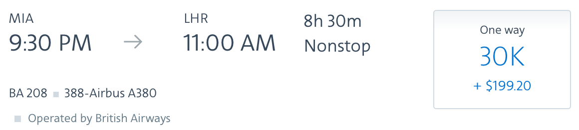 MIA to LHR British Airways award on AAdvantage