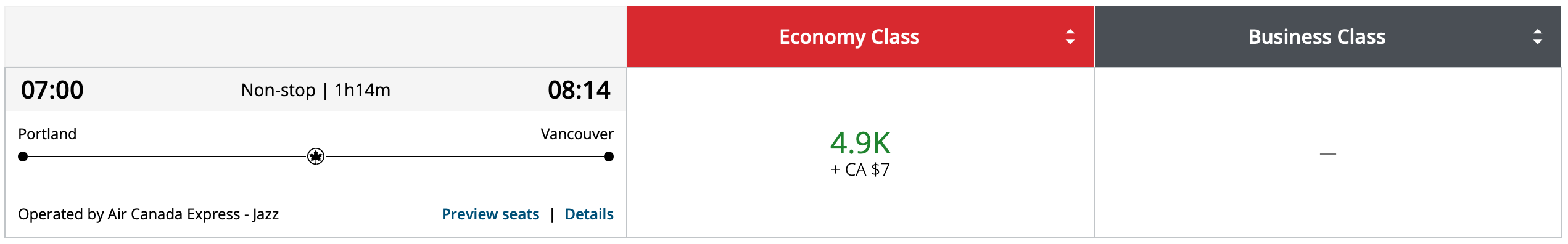 PDX to YVR Aeroplan award