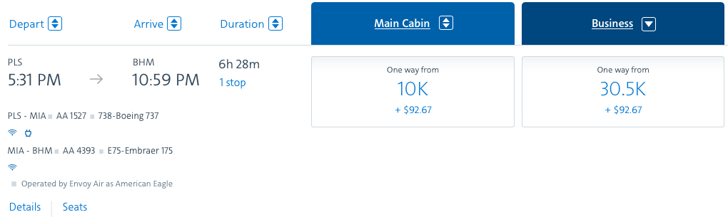 PLS to BHM American award ticket