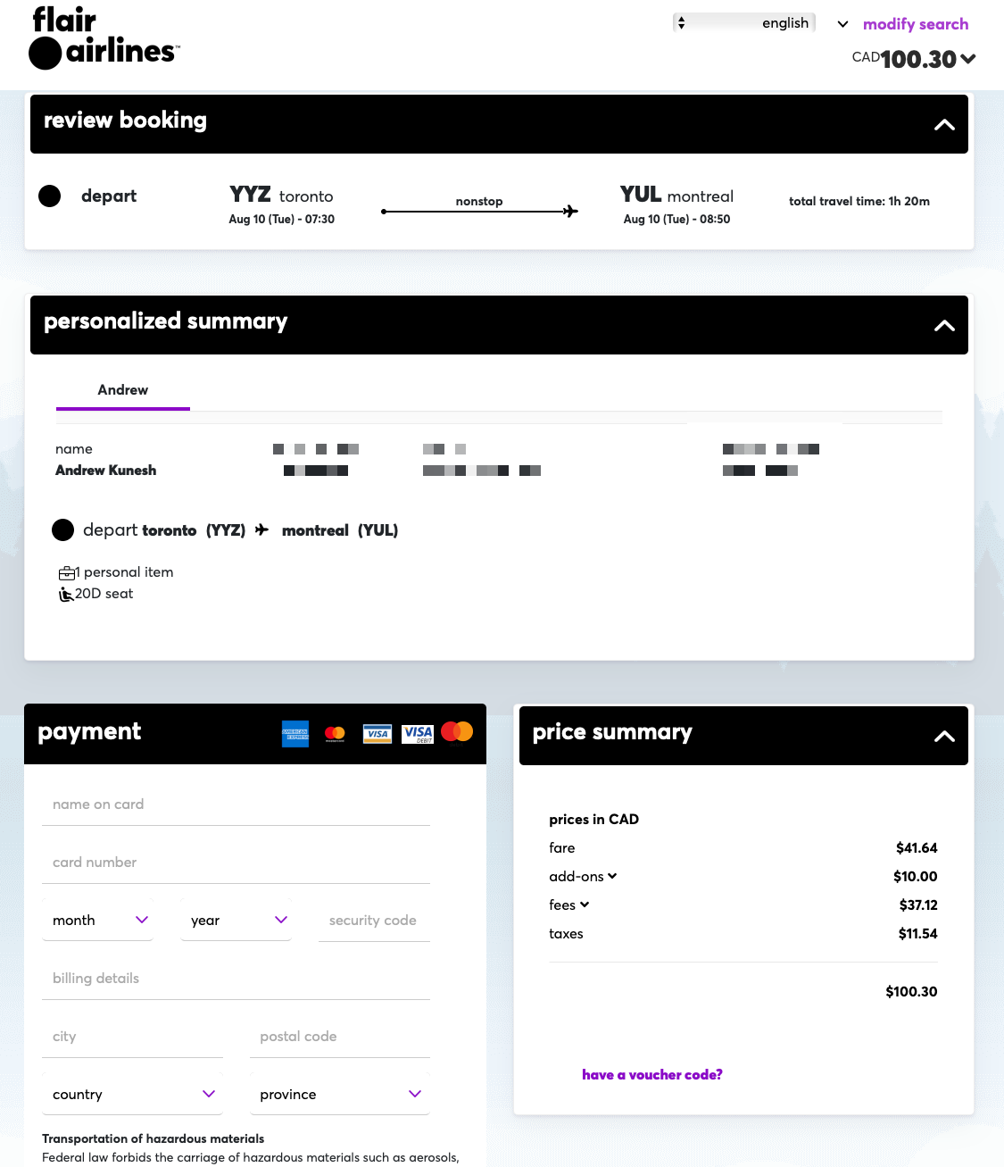 Paying for flight on the Flair website