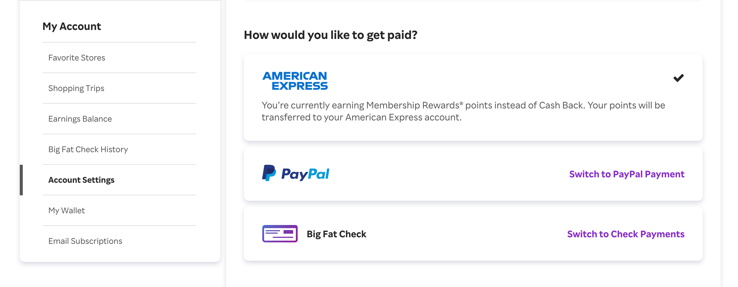 Screenshot of the settings page on Rakuten