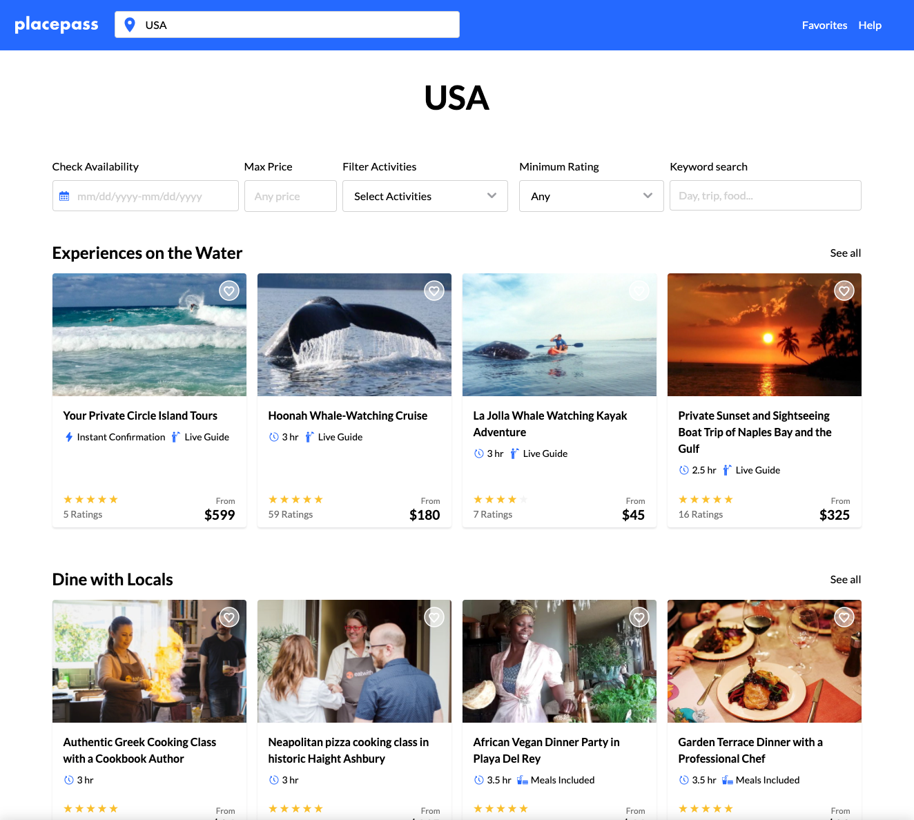 Screenshot of the PlacePass website with available experiences in the US