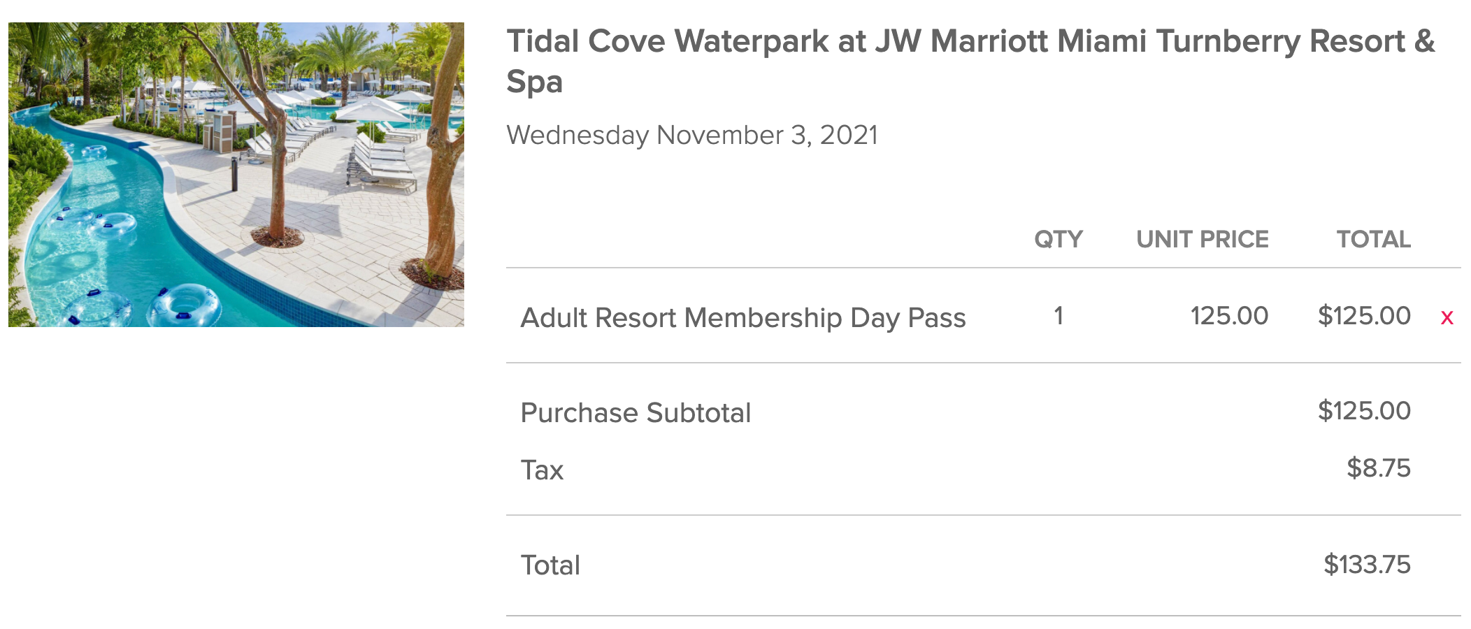 checkout screen of pool day pass booking