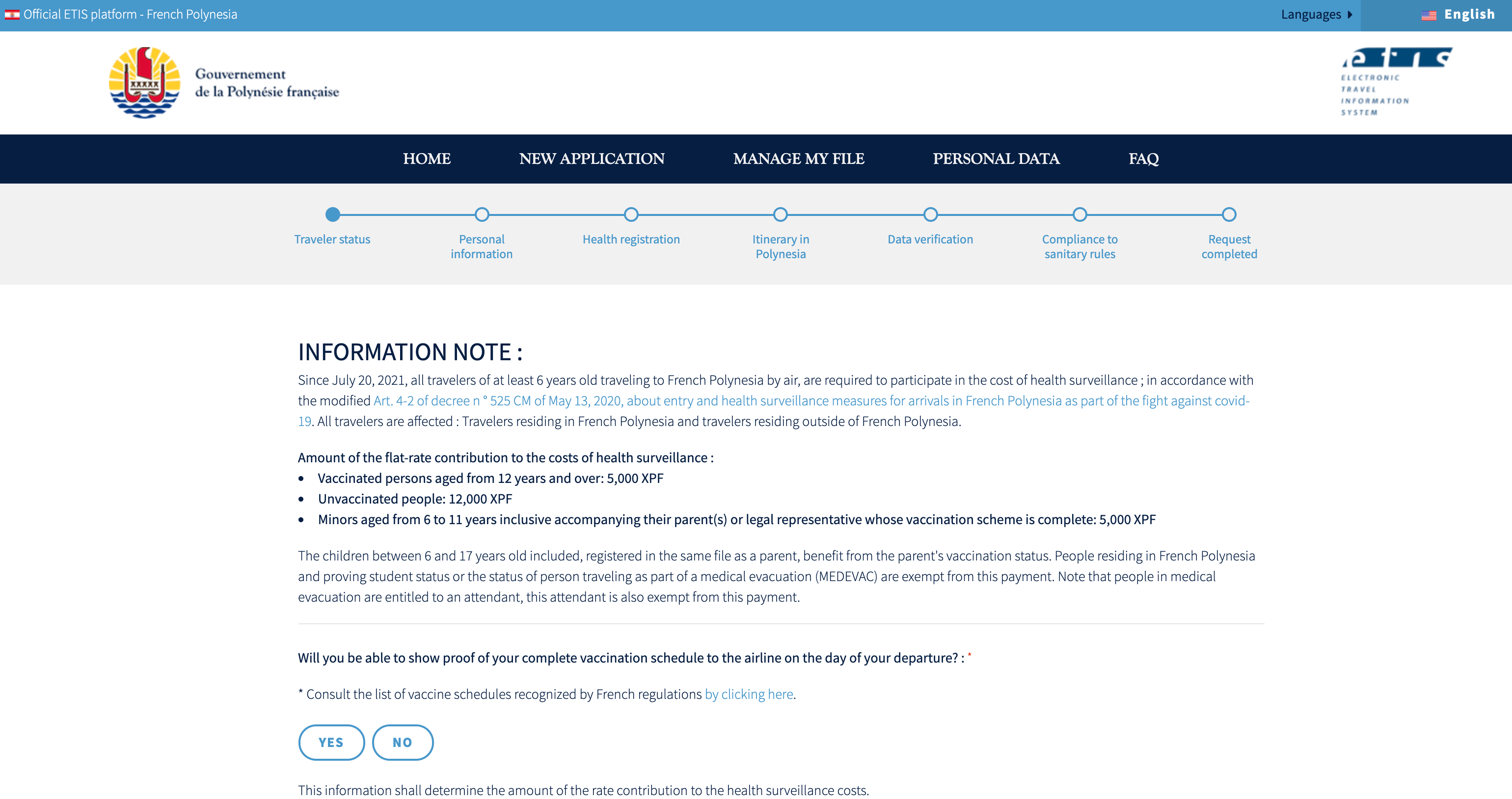 ETIS form for travel to Tahiti. (Screenshot courtesy French Polynesia)