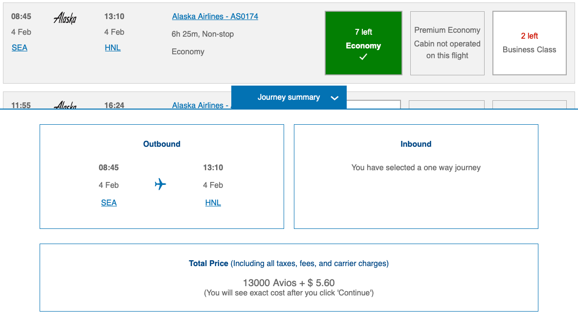 Seattle to Honolulu Alaska Airlines award ticket on the British Airways website