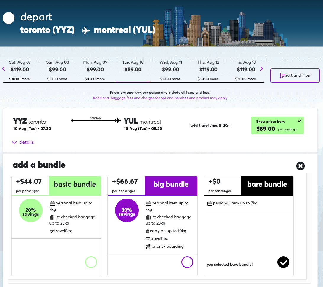 Selecting a flight on Flair's website
