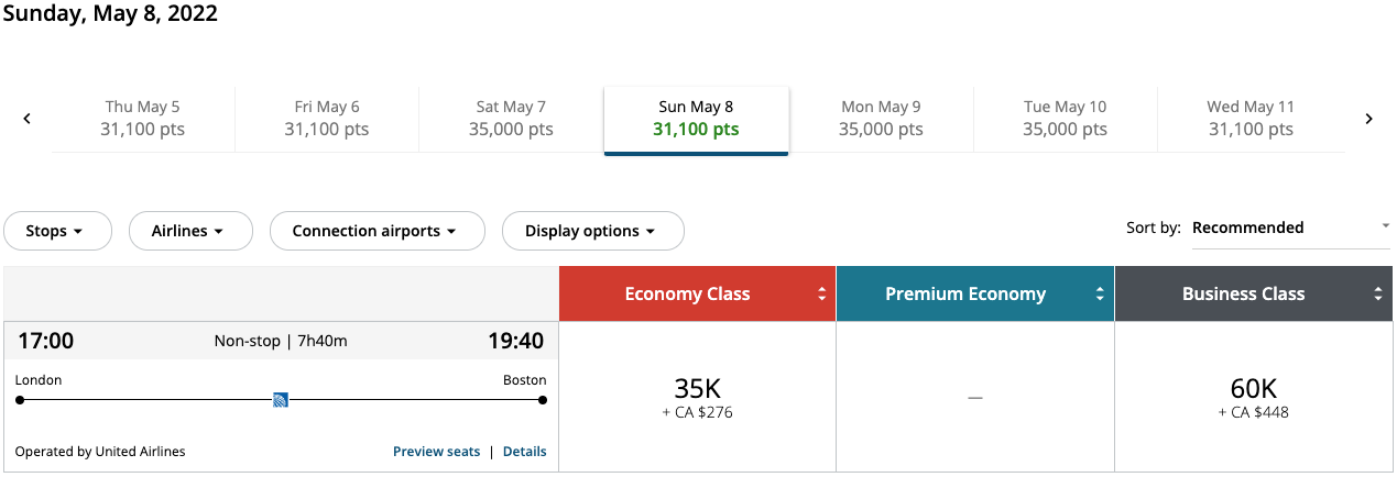 United BOS to LHR award on Air Canada website