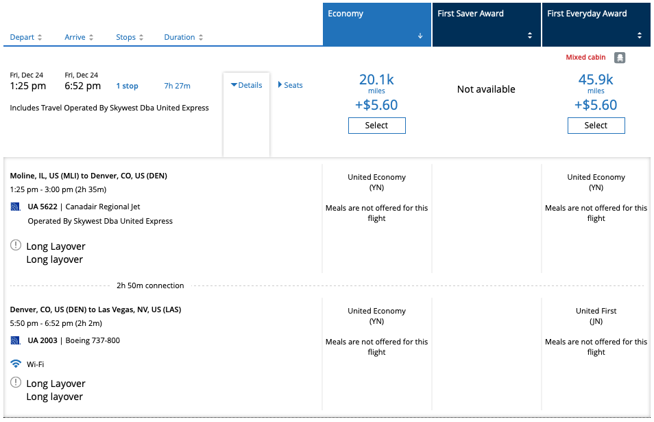 United MLI to LAS award price