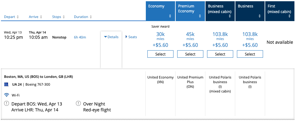 United award search for BOS to LHR