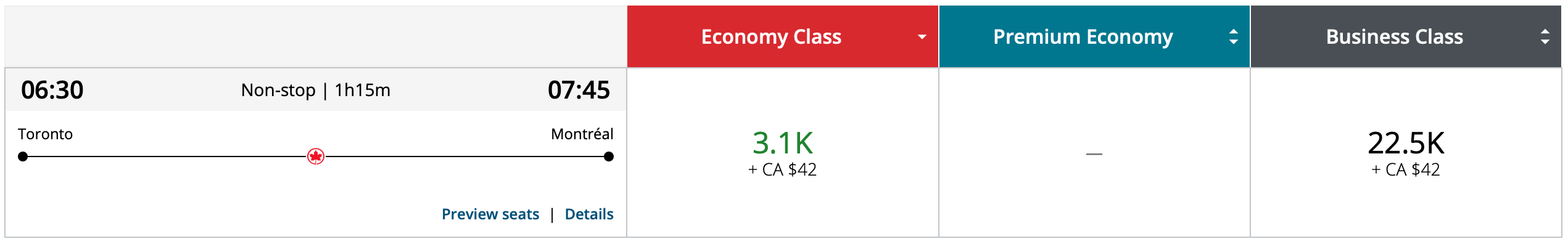 YYZ to YUL Aeroplan award