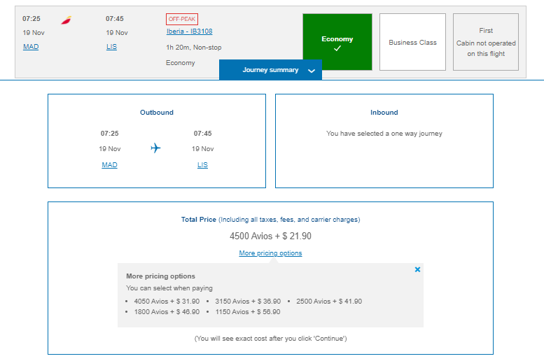 Choose a combination of cash and points for your Avios award
