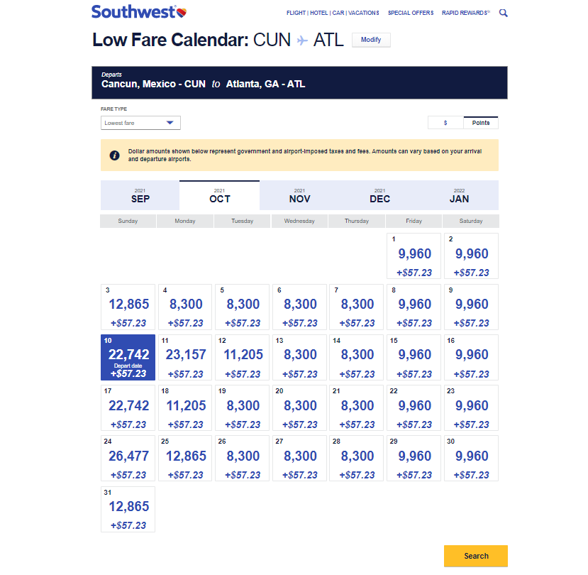 Southwest calendar of fares