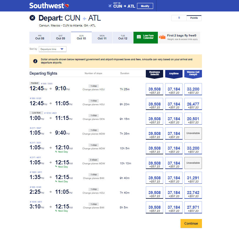 Southwest fares from Cancun to Atlanta