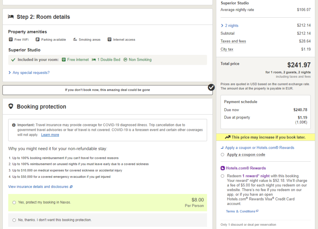 Booking a room through Hotels.com