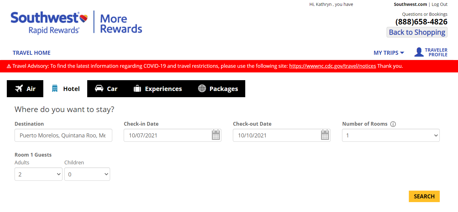 Book a hotel through Southwest More Rewards