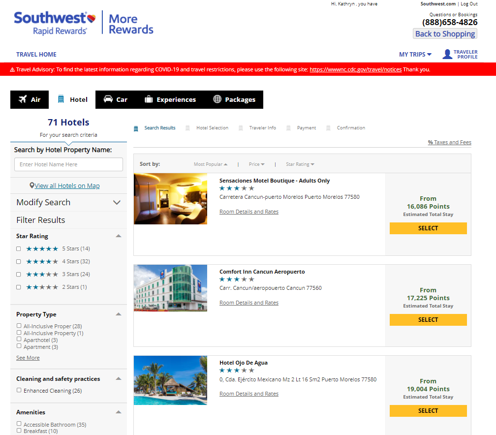 Book a hotel through Southwest More Rewards