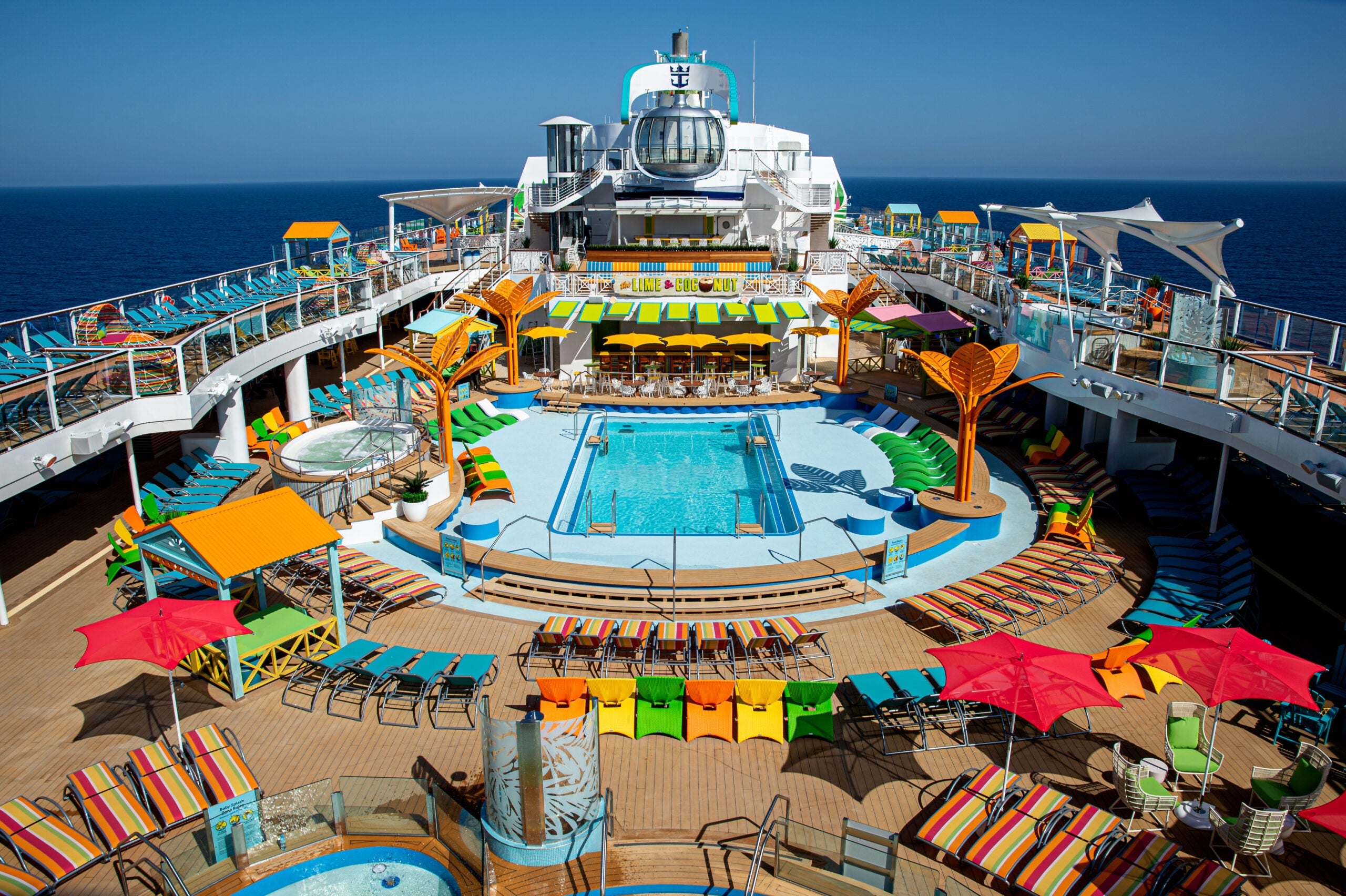 Aerial view of a cruise ship pool deck