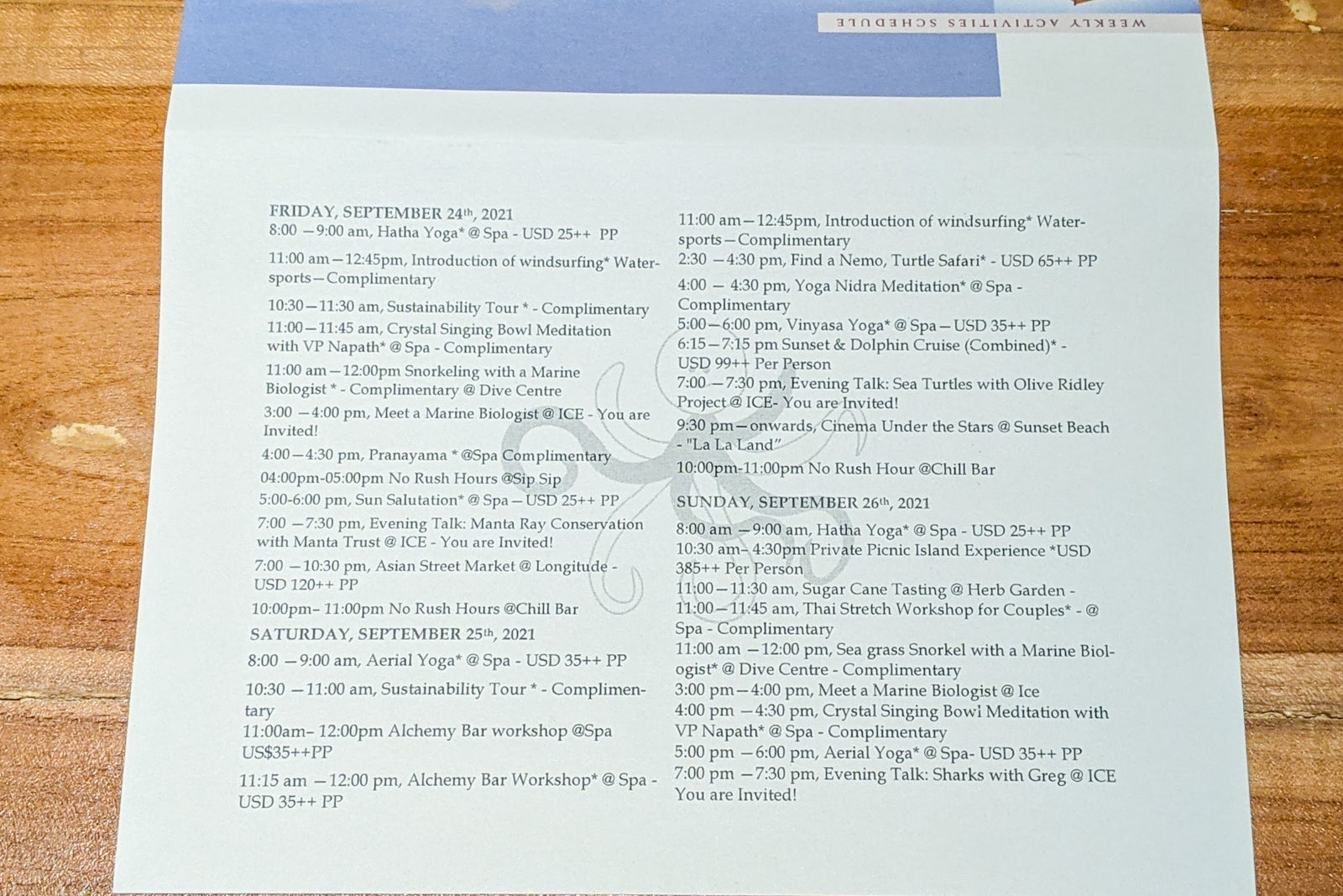 Six Senses Laamu activity schedule