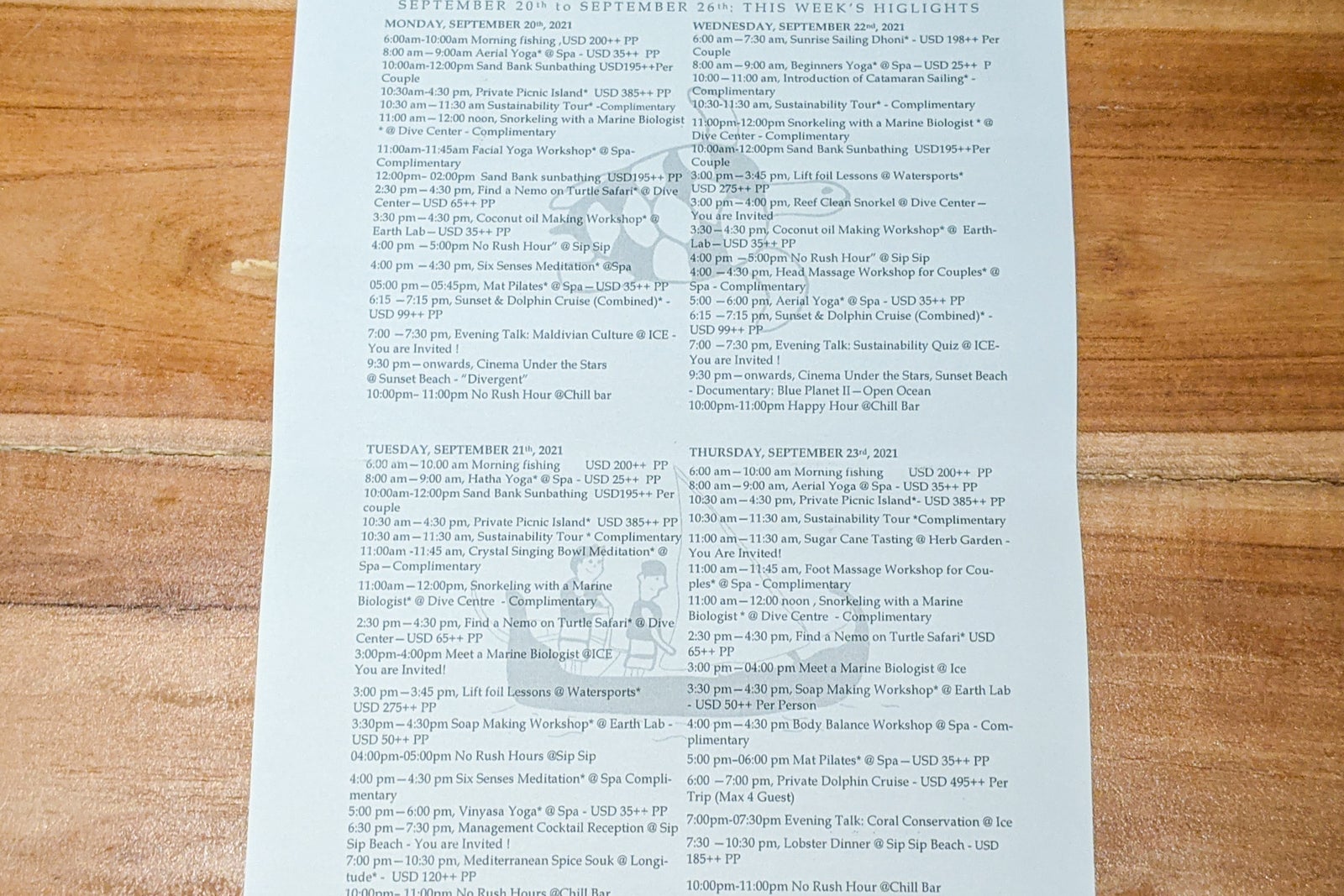 Six Senses Laamu activity schedule