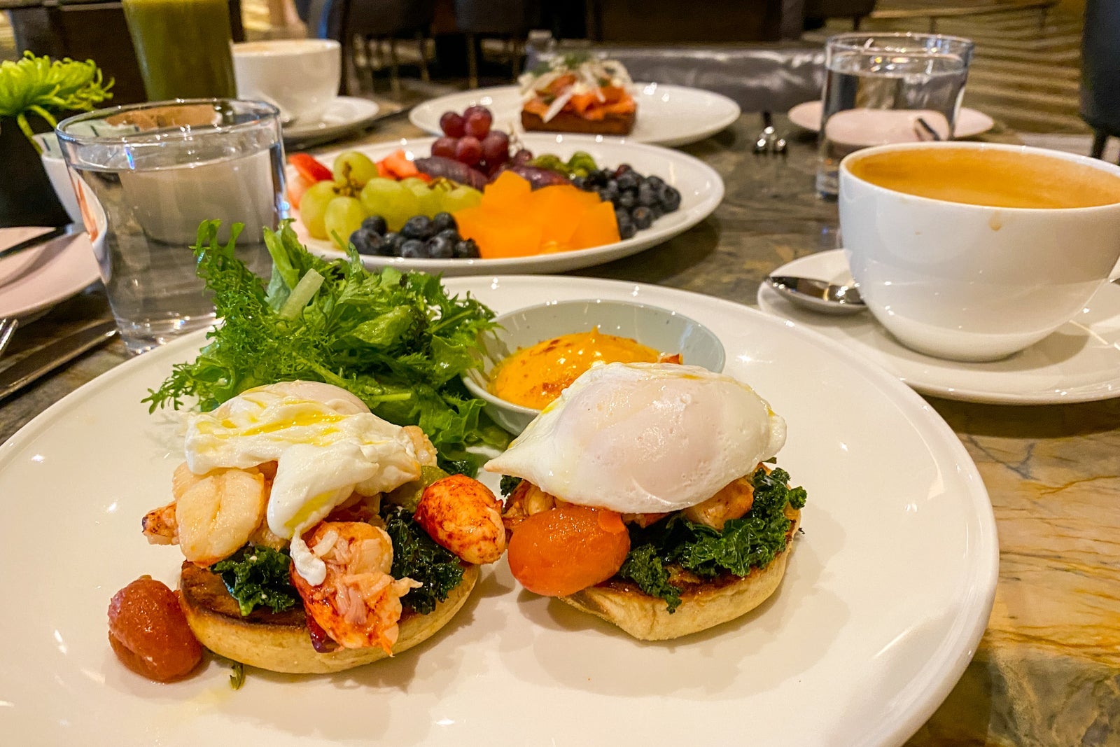 Food and beverages spread out on a table